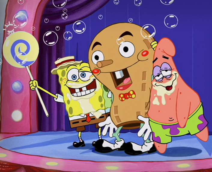 Goofy Goober im Jahre 1990 schon sehr von AIDS gezeichnet zusammen mit Spongebob Schwammkopf und Patrick Star